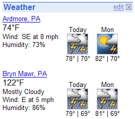 Ardmore, PA 72 degrees; Bryn Mawr PA 122 degrees